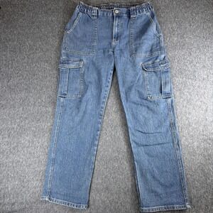 Excuse Jeans Womens Size L 30x28 Blue Straight Elastic Waist Cargo Pockets Baggy